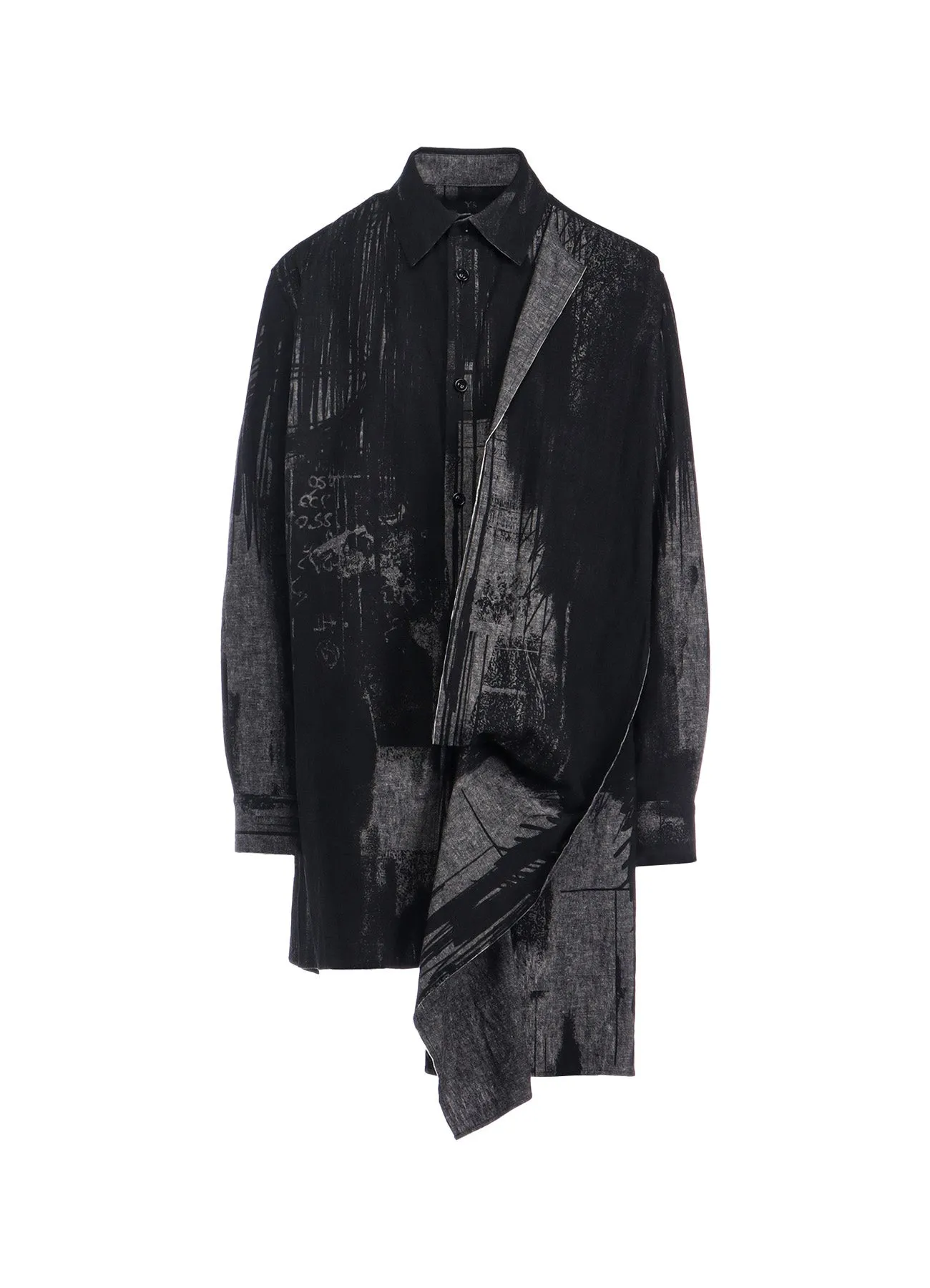 Stretch Material Corporate Retreat L/C CHAMBRAY LOGO SCRIBBLE PT LEFT DRAPE BLOUSE