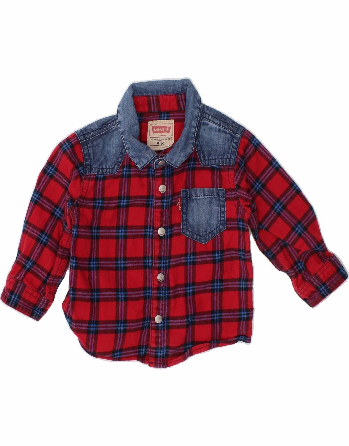Round Collar LEVI'S Baby Boys Denim Shirt 6-9 Months Red Check Cotton