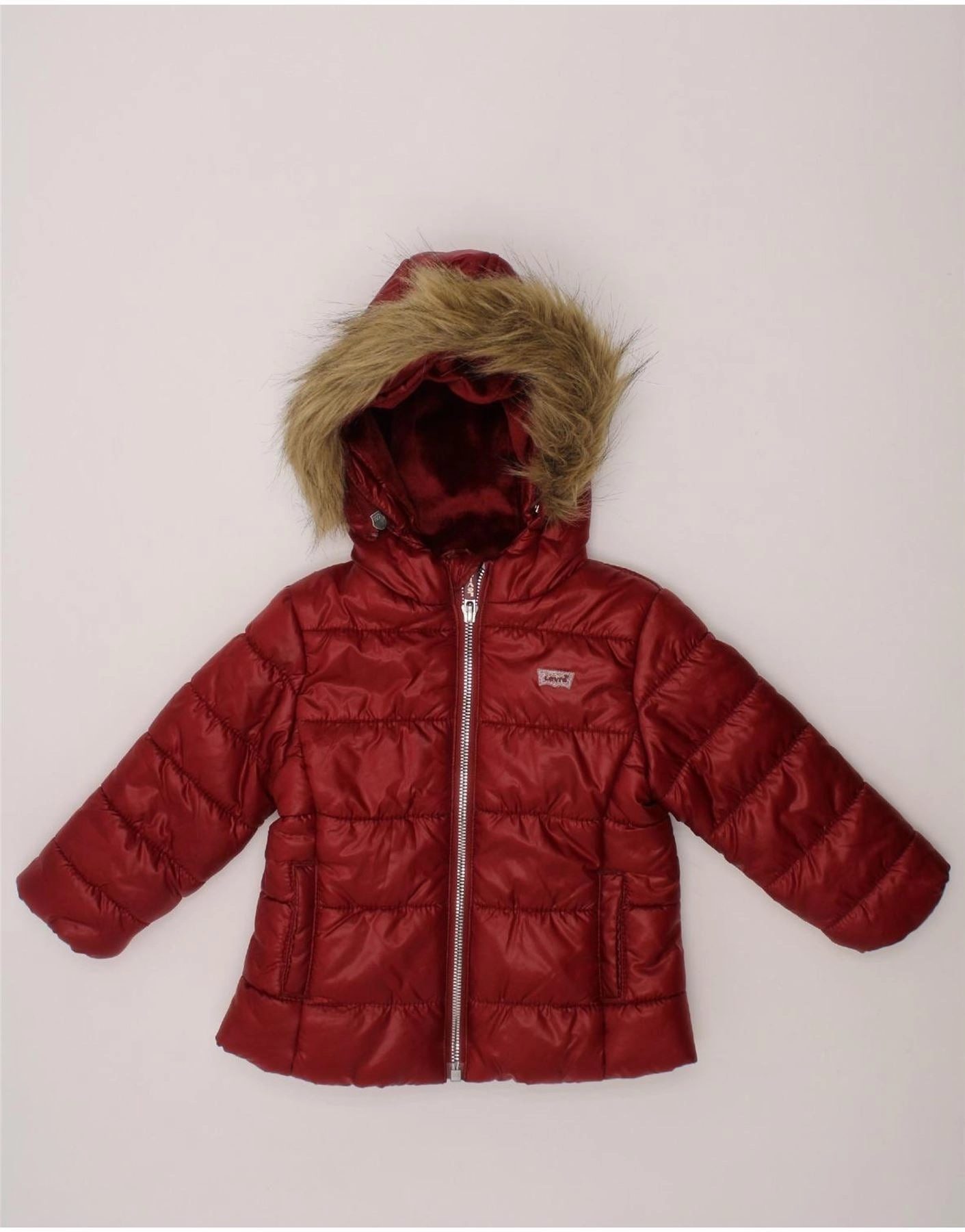 LEVI'S Baby Girls Hooded Padded Jacket 9-12 Months Maroon Polyester waist length Trendy Protection