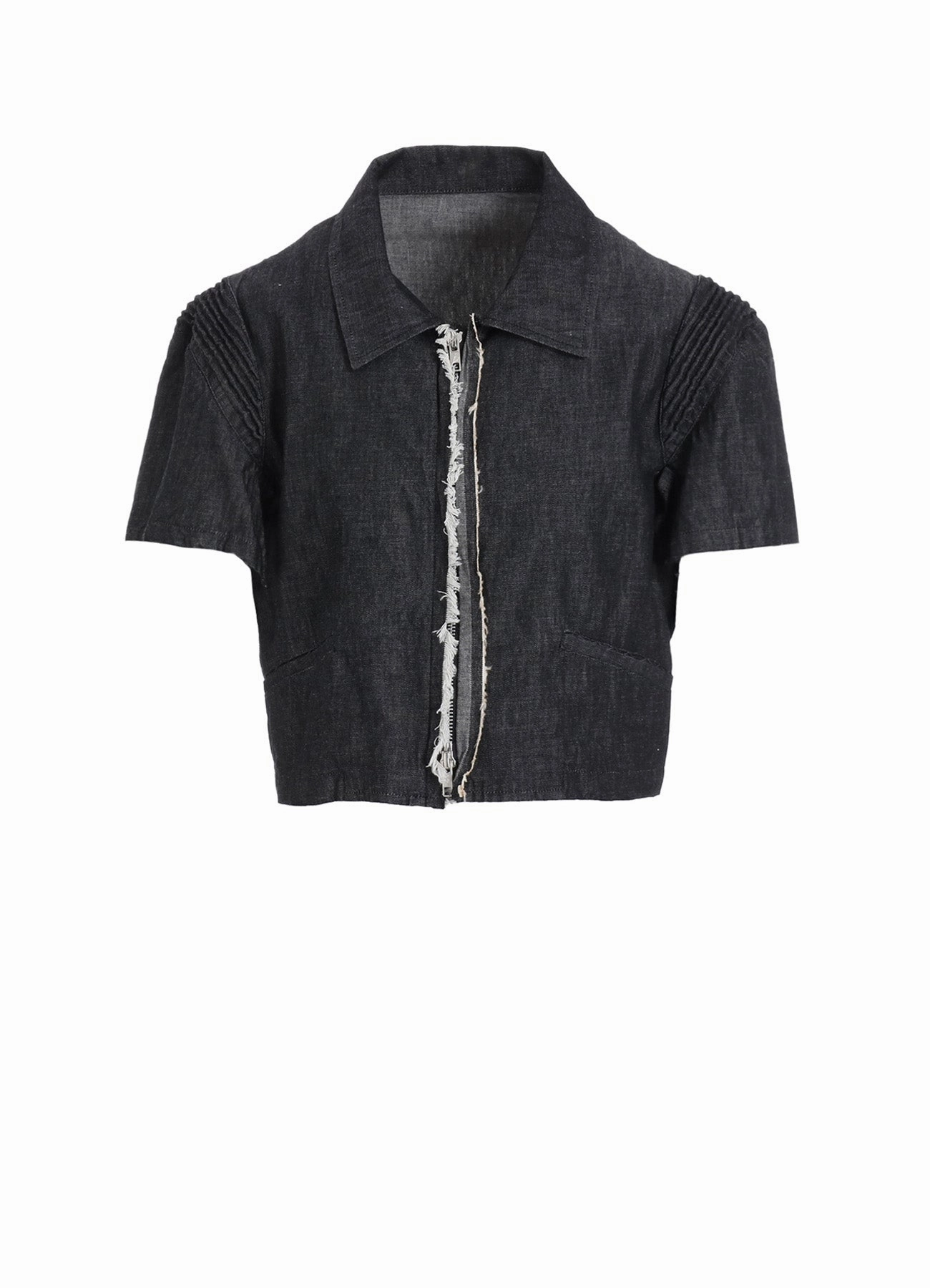 LIGHT DENIM FRILLED SHORT JACKET Hand washable Perforated Details