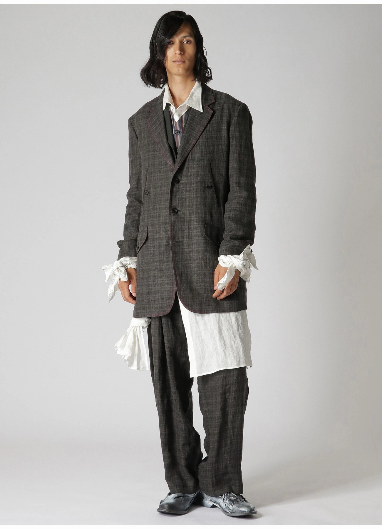 Faux Fur Demonstrate LINEN TWILL PLAID 4-POCKET JACKET WITH RED STITCHING