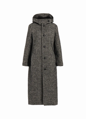 LINEN/WOOL RAISED HERRINGBONE LONG COAT WITH HOODIE Daily Commute Wear