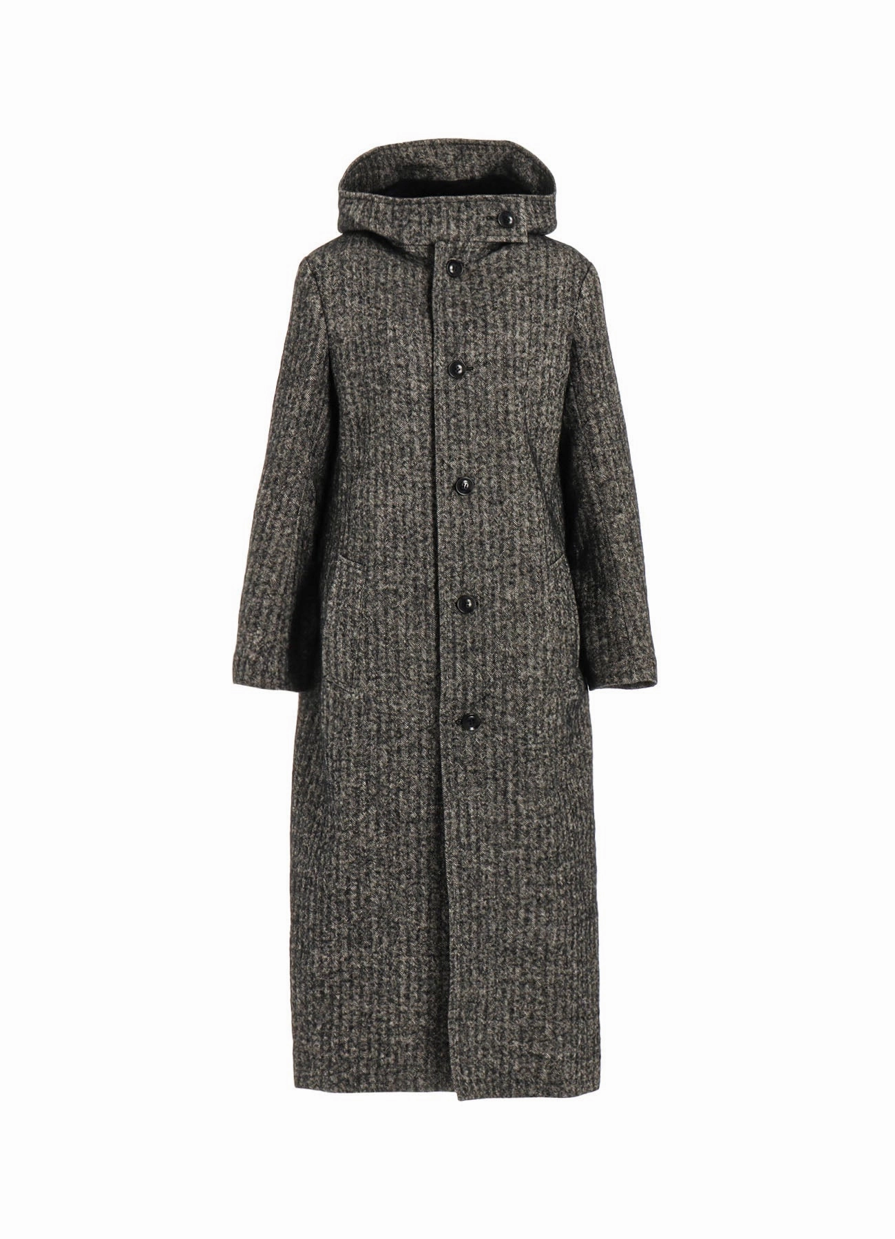 LINEN/WOOL RAISED HERRINGBONE LONG COAT WITH HOODIE Daily Commute Wear
