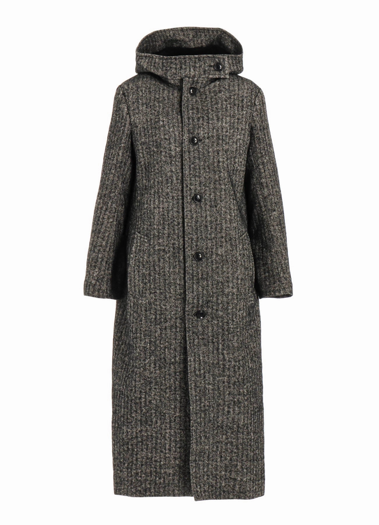 LINEN/WOOL RAISED HERRINGBONE LONG COAT WITH HOODIE Laser Cut Airflow Vents