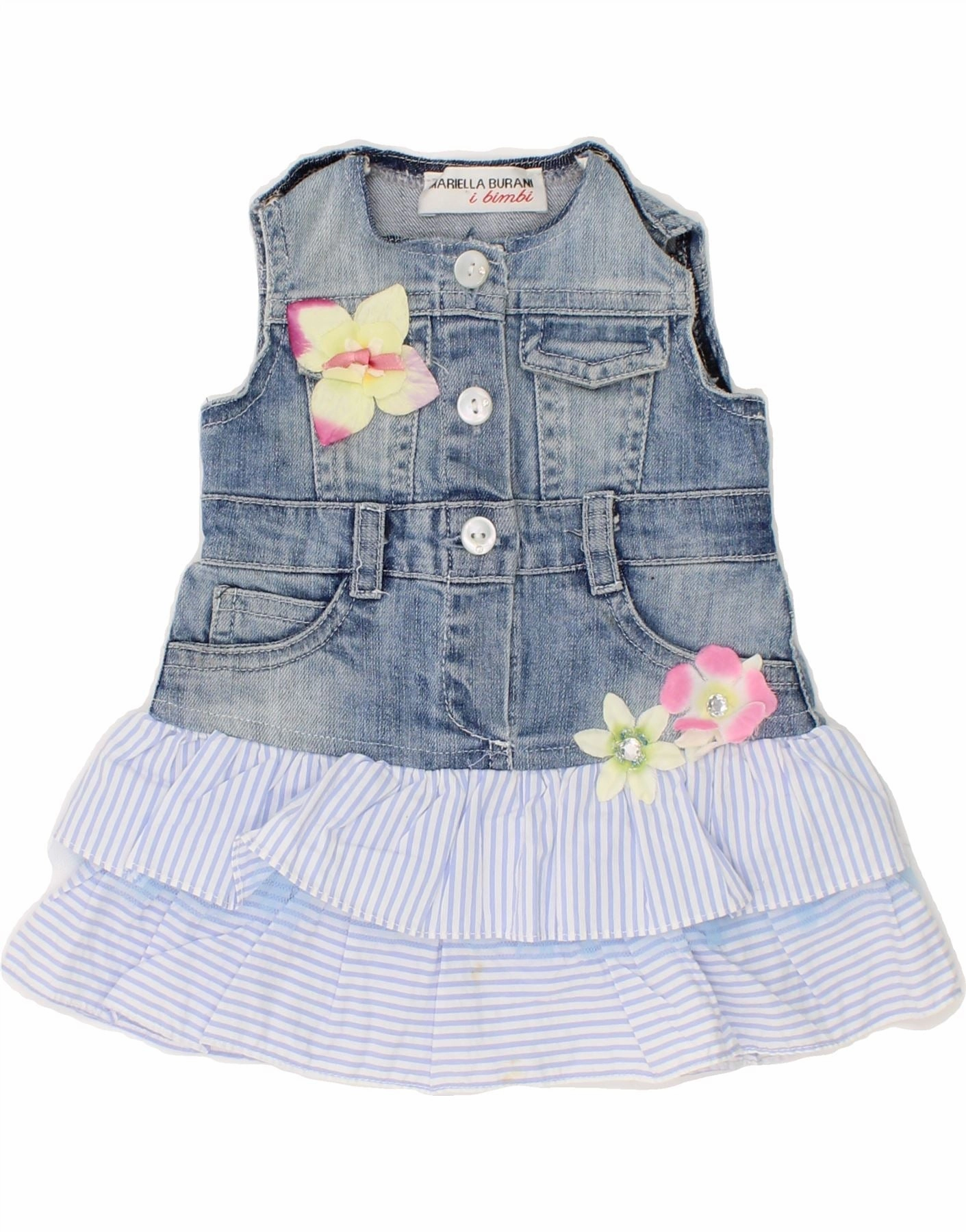 MARIELLA BURANI Baby Girls Denim Dress 0-3 Months Blue Floral Cotton Fluid Fabric SustainableCotton