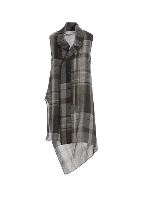 Adjustable Hem High Density Weave GAUZE PLAID TIE STYLE SLEEVELESS BLOUSE