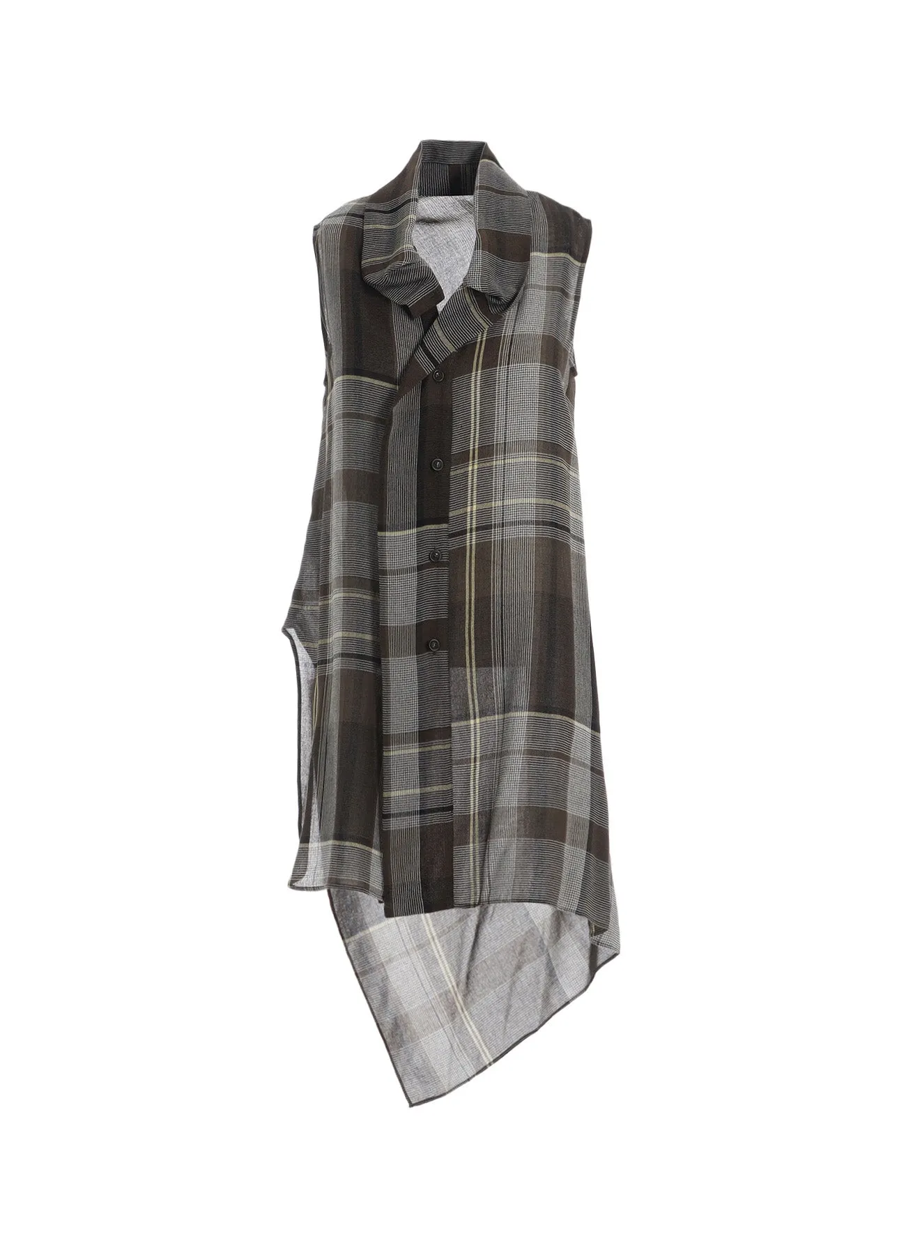 Adjustable Hem High Density Weave GAUZE PLAID TIE STYLE SLEEVELESS BLOUSE