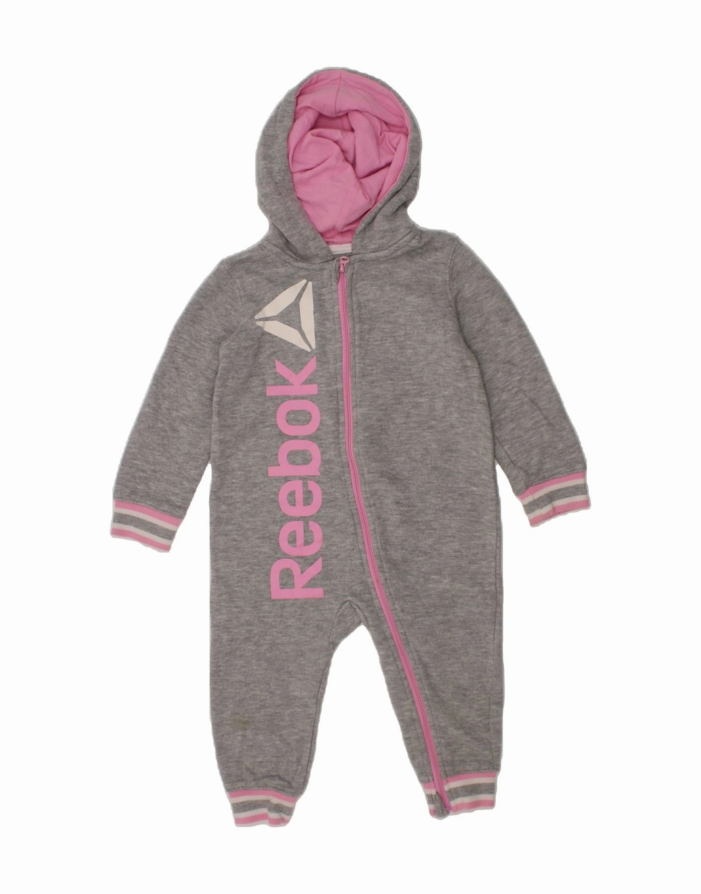 REEBOK Baby Girls Graphic Hooded Jumpsuit 12-18 Months  Grey Cotton Outdoor Office Premium Retro