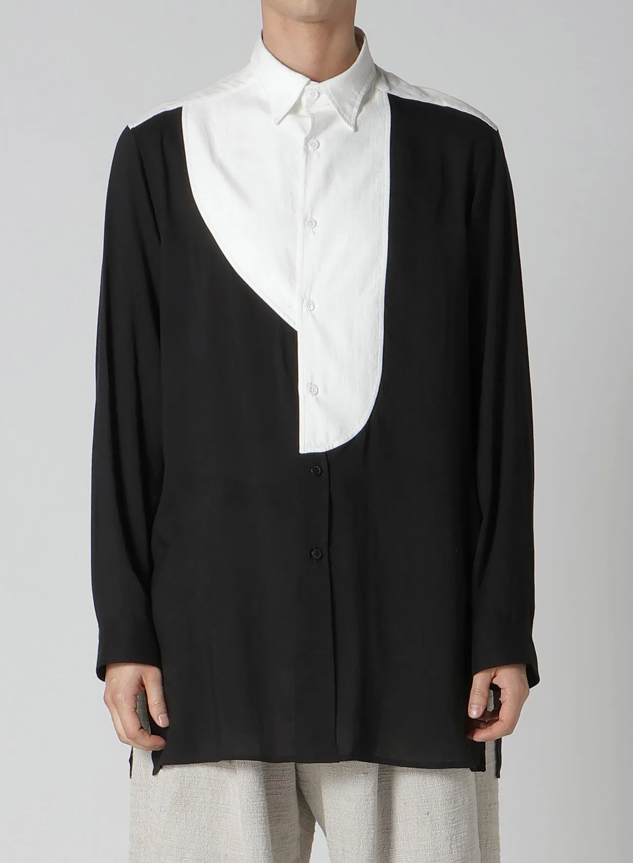 MONOCHROME PATCH PANEL SHIRT Durable Stitching Ruffle Edge