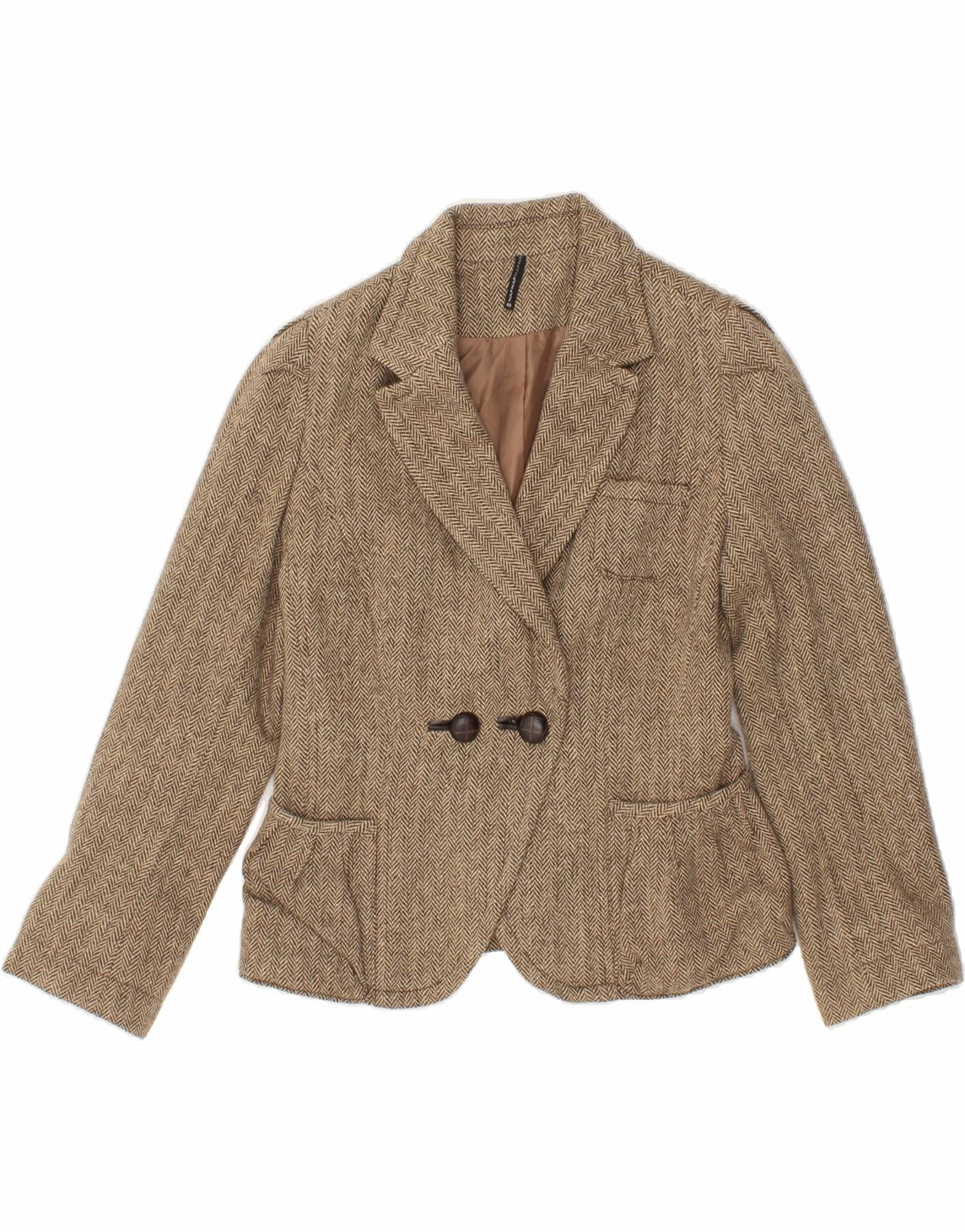 NAF NAF Womens Blazer Jacket EU 40 Medium Brown Herringbone Flattering Comfort Wear Classic Look