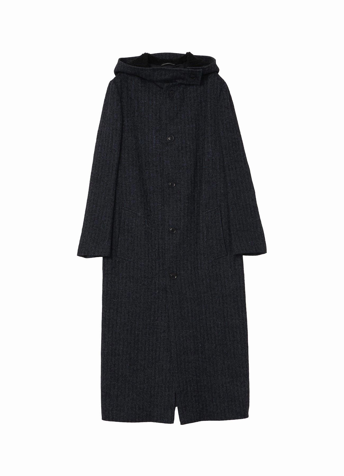 LINEN/WOOL RAISED HERRINGBONE LONG COAT WITH HOODIE Flexible Material