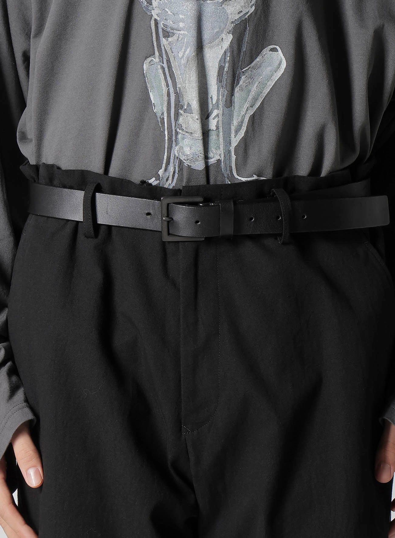 BreathableMeshLining Stretchy Material C/L CANVAS BLACK BELTED HEM PANTS