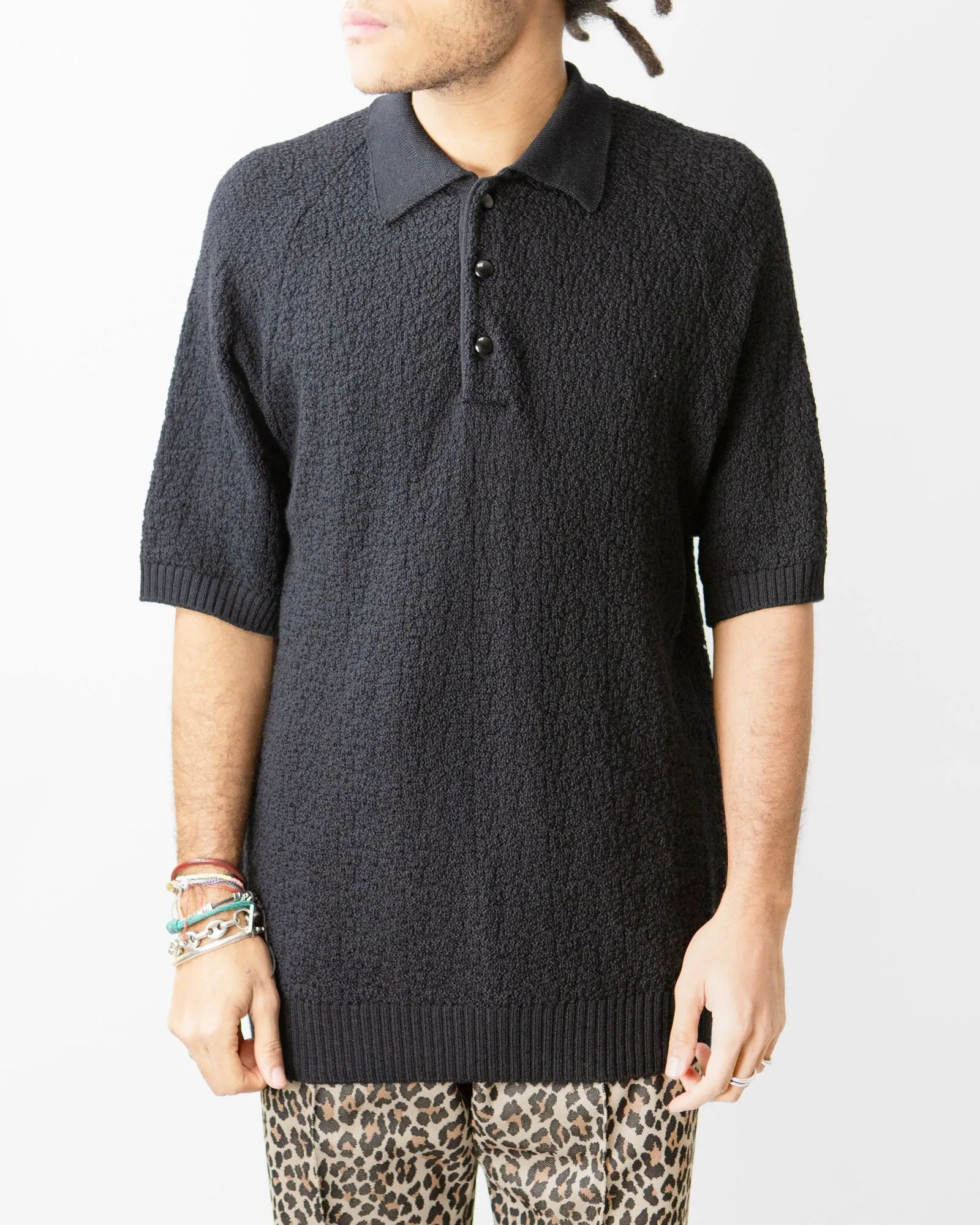 Short Sleeve Knit Polo Sweater ?C Black Merino Wool Ribbed Detailing Worn In