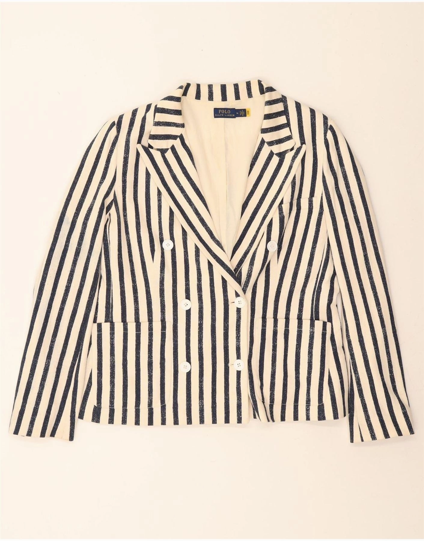 POLO RALPH LAUREN Womens Blazer Jacket US 14 XL Beige Striped Chic Professional Flattering wear