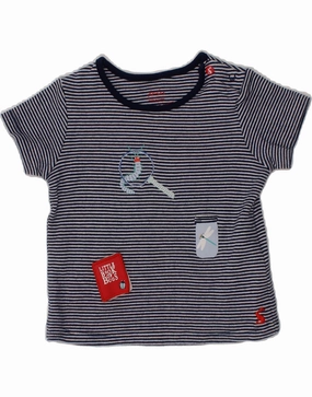 JOULES Baby Girls Graphic T-Shirt Top 12-18 Months Navy Blue Pinstripe Statement Maker Holiday Style