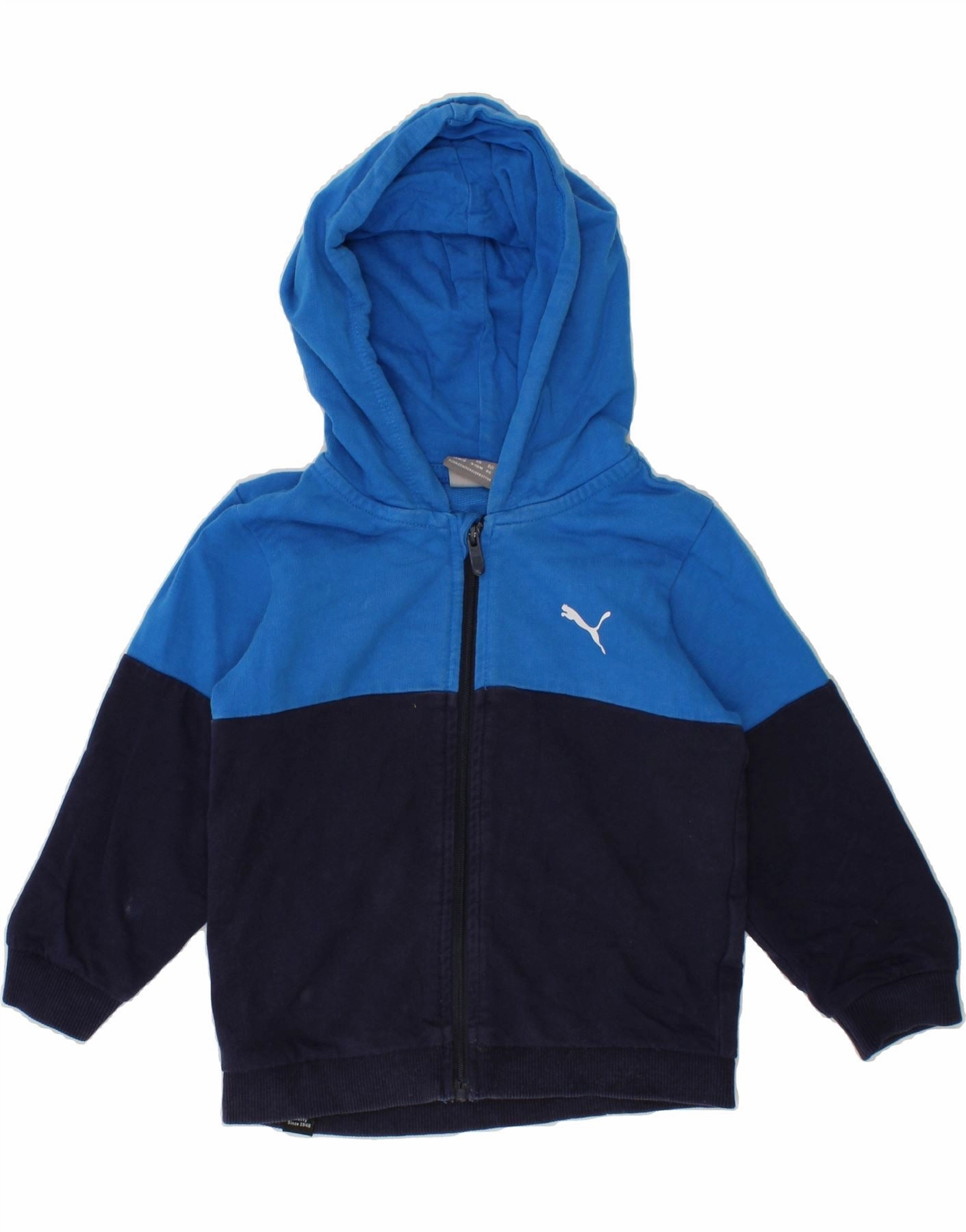 PUMA Baby Boys Zip Hoodie Sweater 9-12 Months Blue Colourblock Interlock Ribbed Collar Tagless Labeling