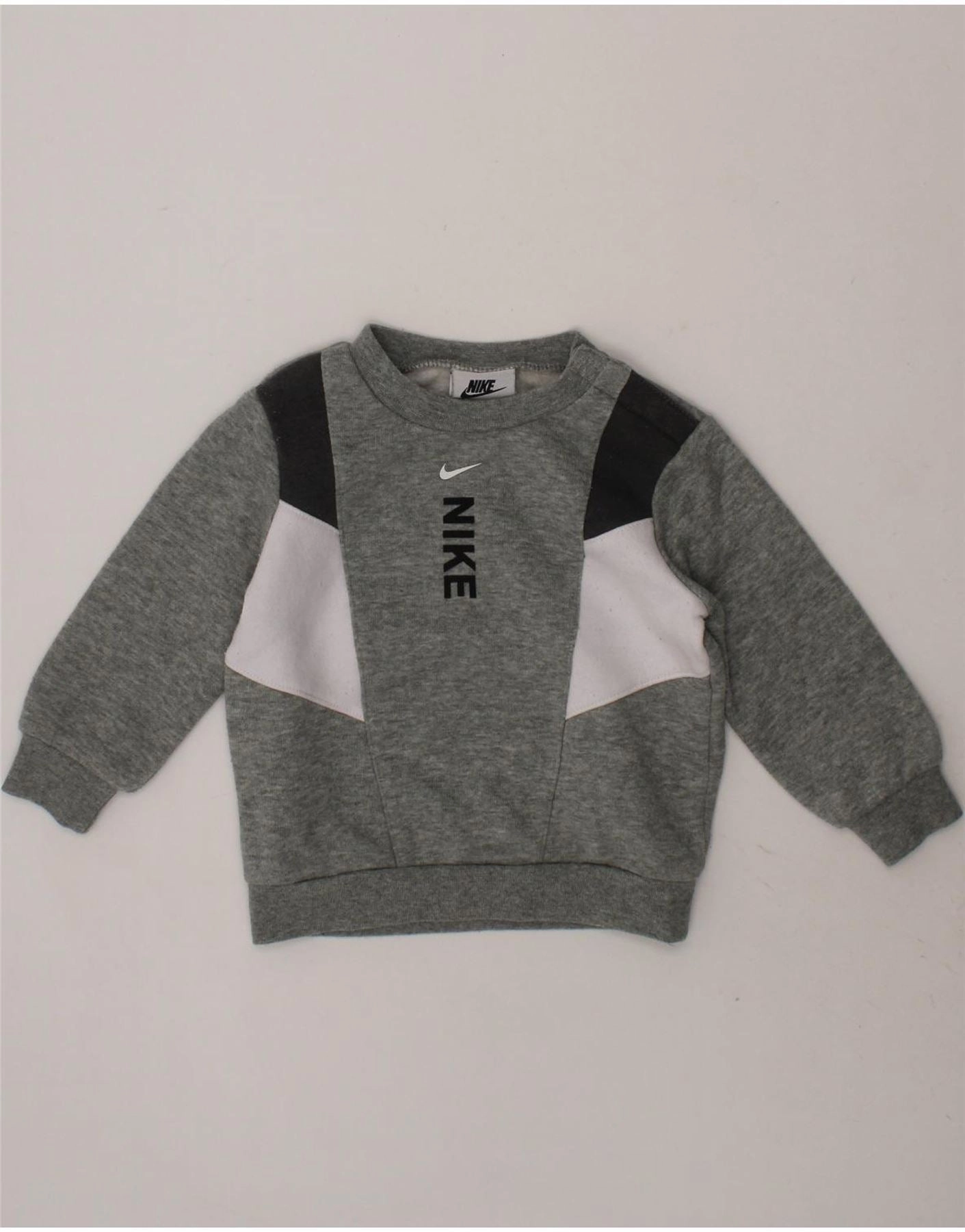Ribbed Edging NIKE Baby Boys Graphic Sweatshirt Jumper 9-12 Months Grey Colourblock