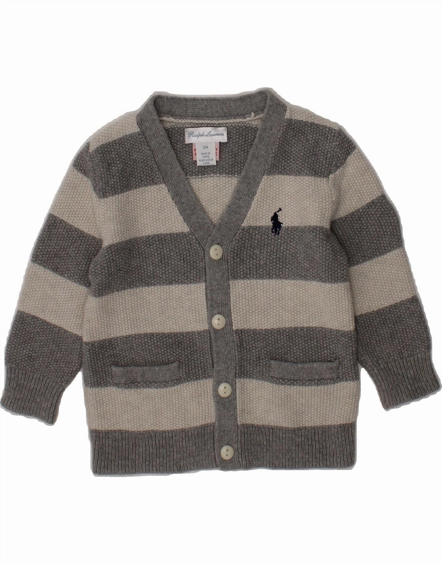 Chill Vibe RALPH LAUREN Baby Boys Cardigan Sweater 9-12 Months Grey Striped Cotton