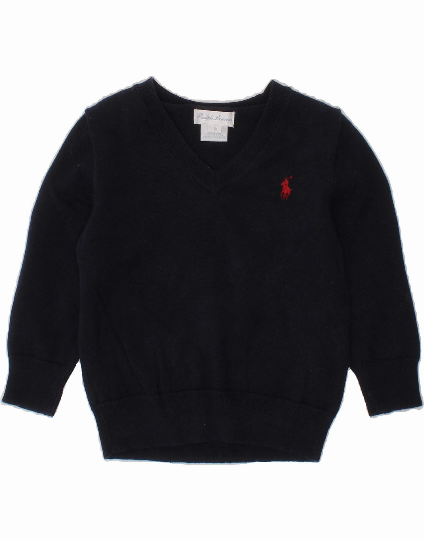 RALPH LAUREN Baby Boys V-Neck Jumper Sweater 12-18 Months Navy Blue Cotton FadeResistant Textured Weave Design
