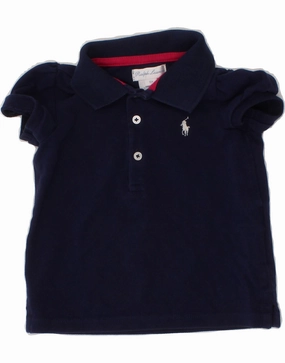 RALPH LAUREN Baby Girls Polo Shirt 12-18 Months Navy Blue Cotton Ruffle Edge Tropical theme