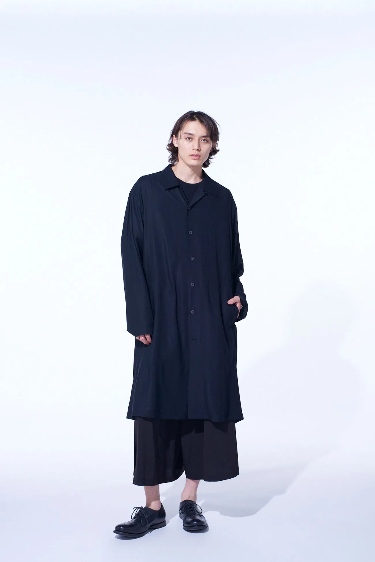 RAYON TWILL OPEN-COLLAR LONG SHIRT Recycled Polyester Blend Boho chic