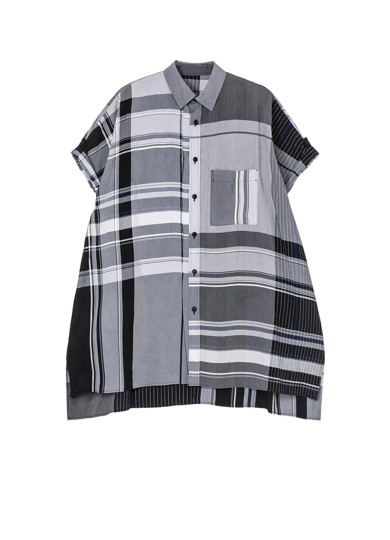 RAYON WRINKLED PLAID HALF SLEEVE BLOUSE Anti Pill Technology Brushed Inner Lining