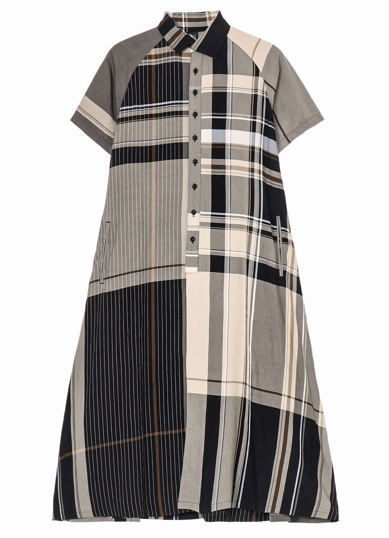Neutral-Shade Functional Layer RAYON WRINKLED PLAID SHIRT DRESS