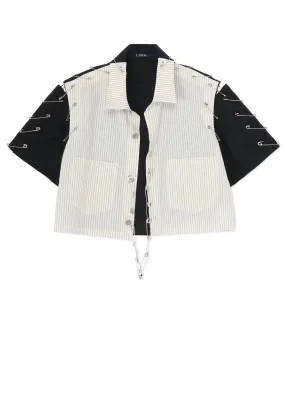 STRIPED SHORT SLEEVE LAWN BLOUSE WITH PIN Smooth Cotton Blend Comfort Fit