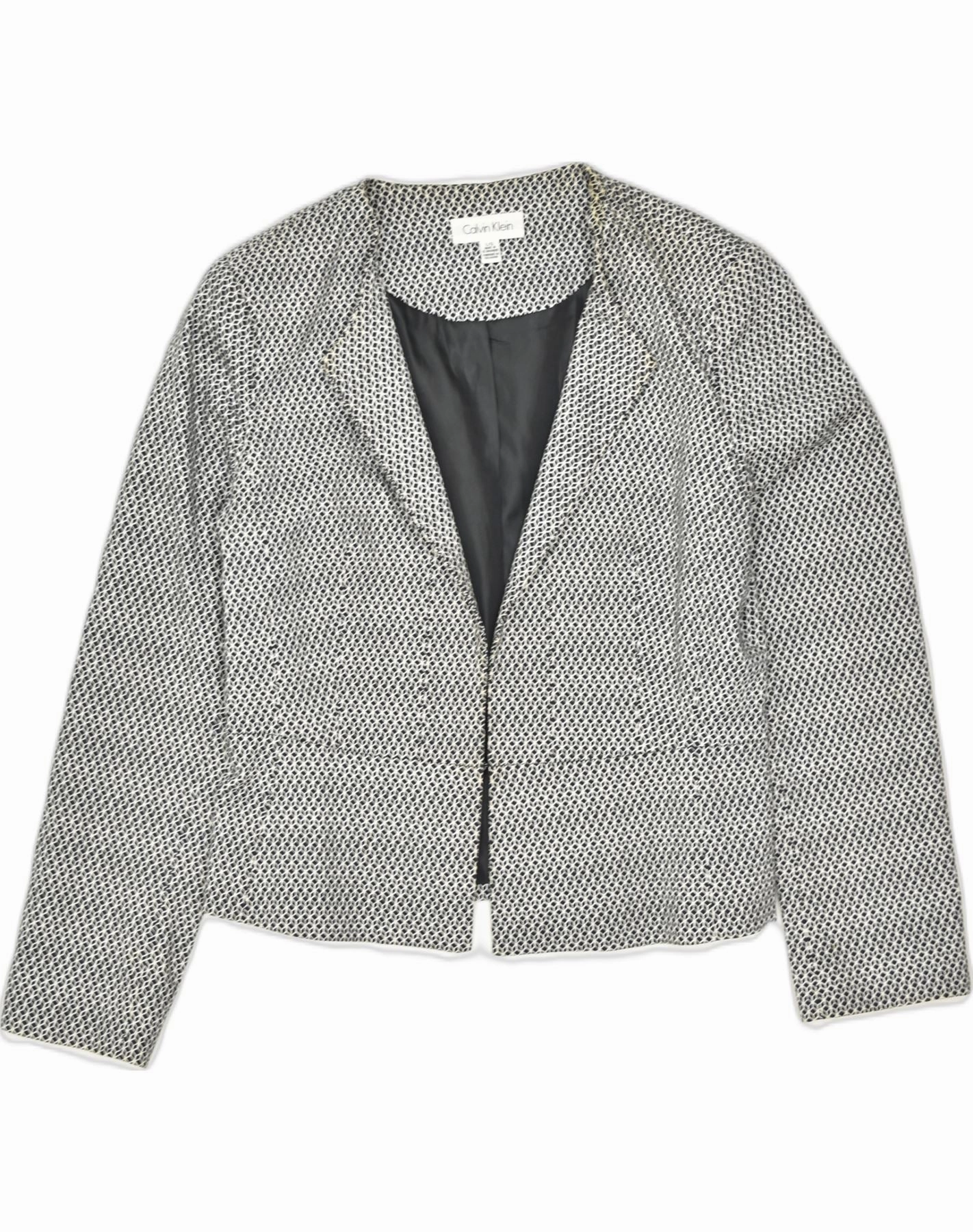 CALVIN KLEIN Womens Blazer Jacket UK 16 Large Grey Geometric Cotton Classic Fit