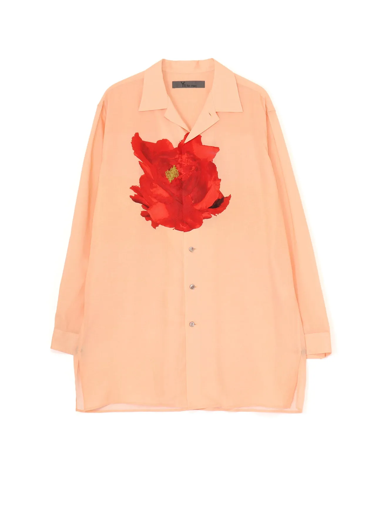 SALMON PINK OPEN-COLLARED SHIRT WITH LARGE RED FLOWER Evening Elegance