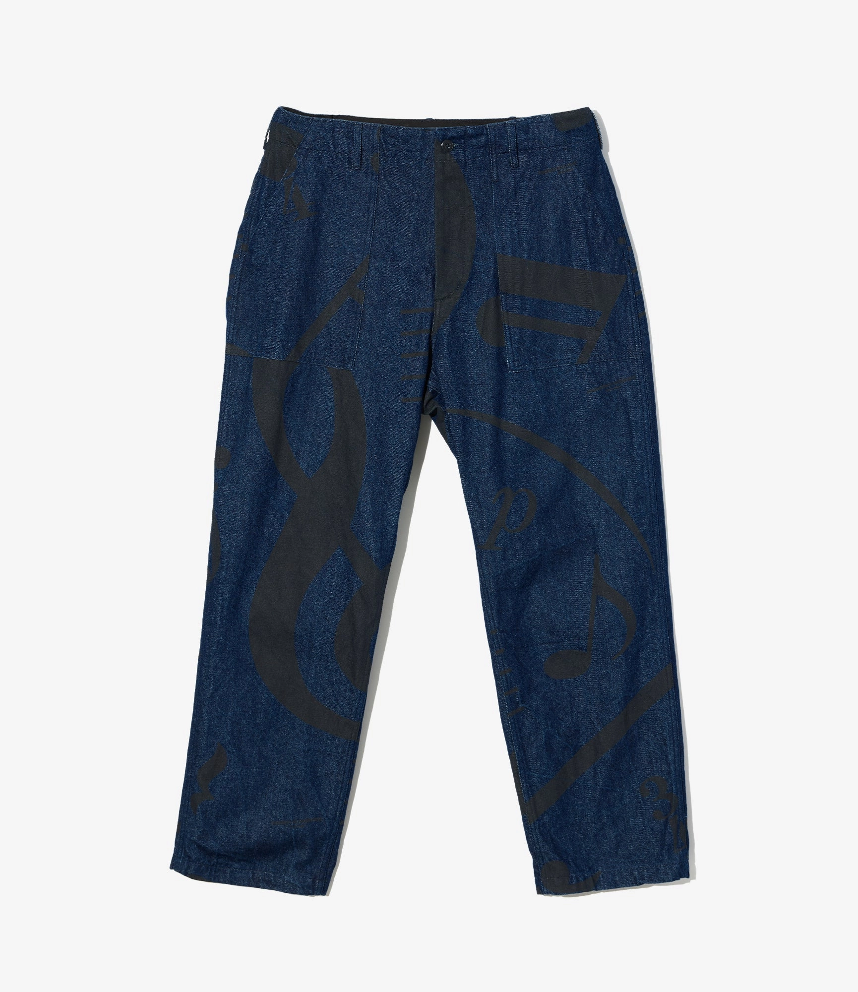 Ergonomic Cut Side slits Fatigue Pant ?C Indigo 'Music Note' Print 12oz Denim
