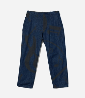 Ergonomic Cut Side slits Fatigue Pant ?C Indigo 'Music Note' Print 12oz Denim