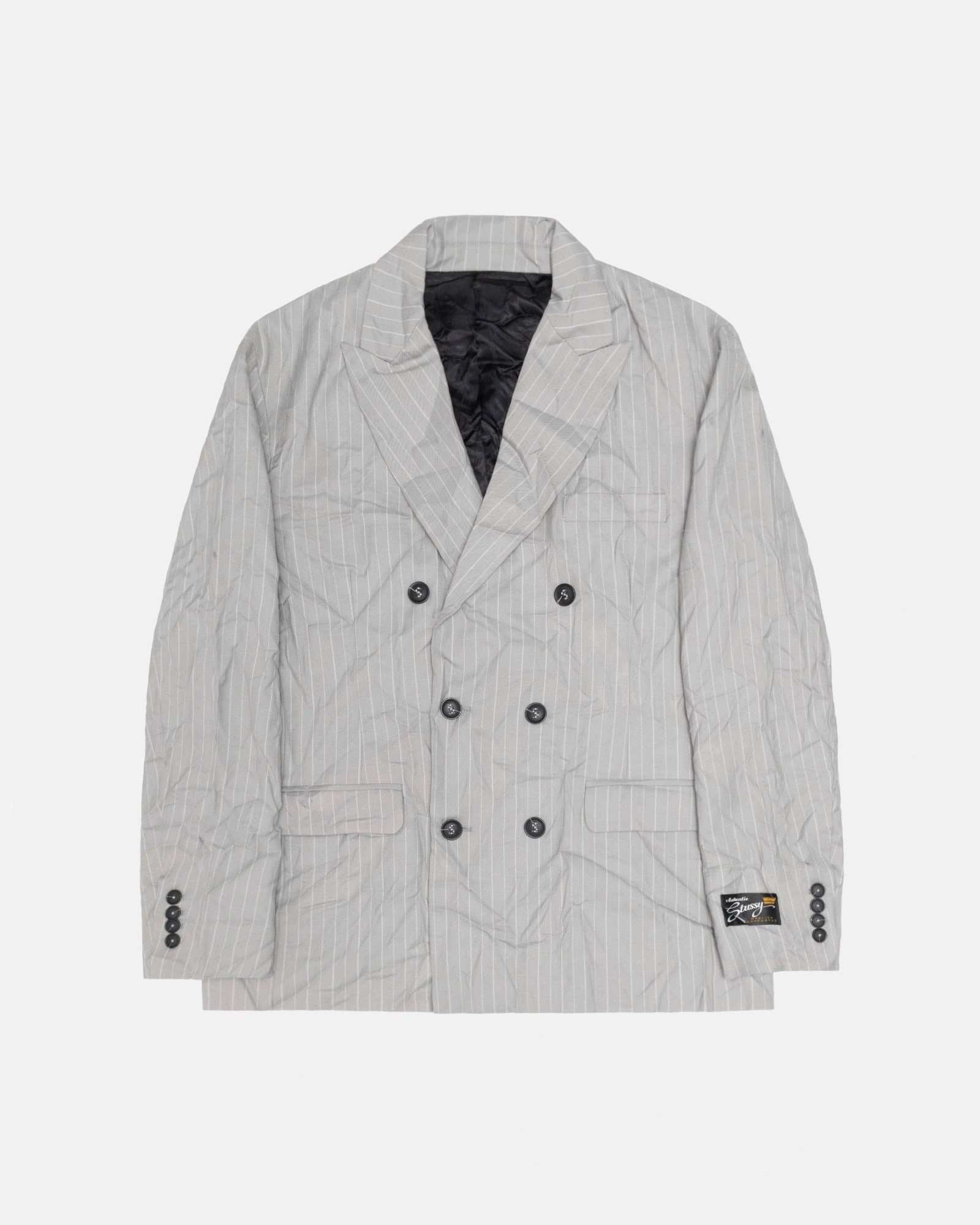 DOUBLE-BREASTED BLAZER WRINKLED STRIPE Comfy Fit Pocket Details