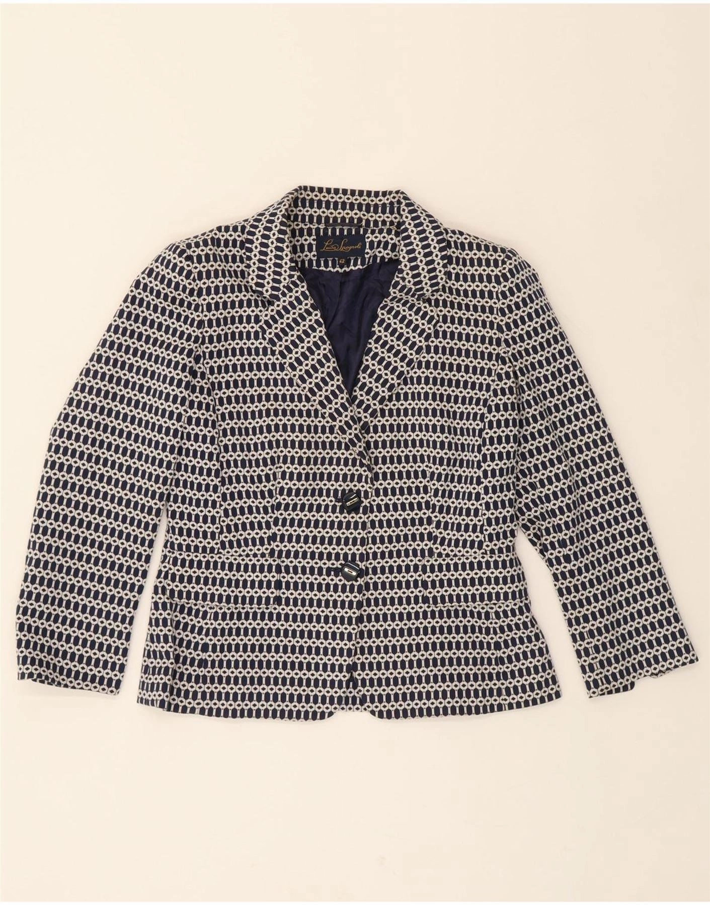 LUISA SPAGNOLI Womens Blazer Jacket IT 42 Medium Navy Blue Geometric Classic Look Comfort and Luxury