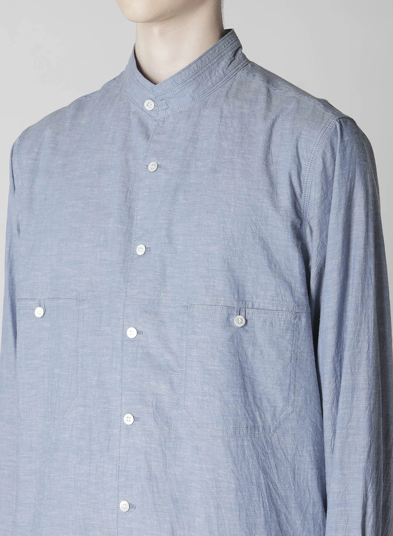 CHAIN STITCH CHAMBRAY SHIRT WITH STAND COLLAR Versatile Styling Animal Print