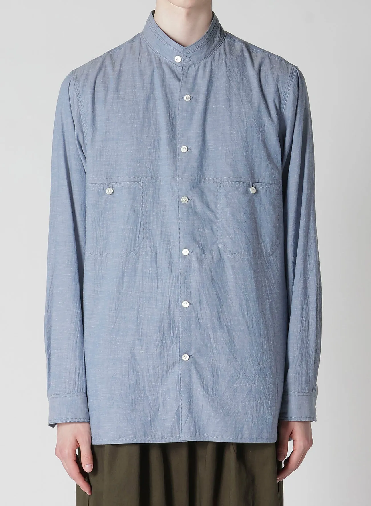 CHAIN STITCH CHAMBRAY SHIRT WITH STAND COLLAR checkered pattern Comfort Stretch