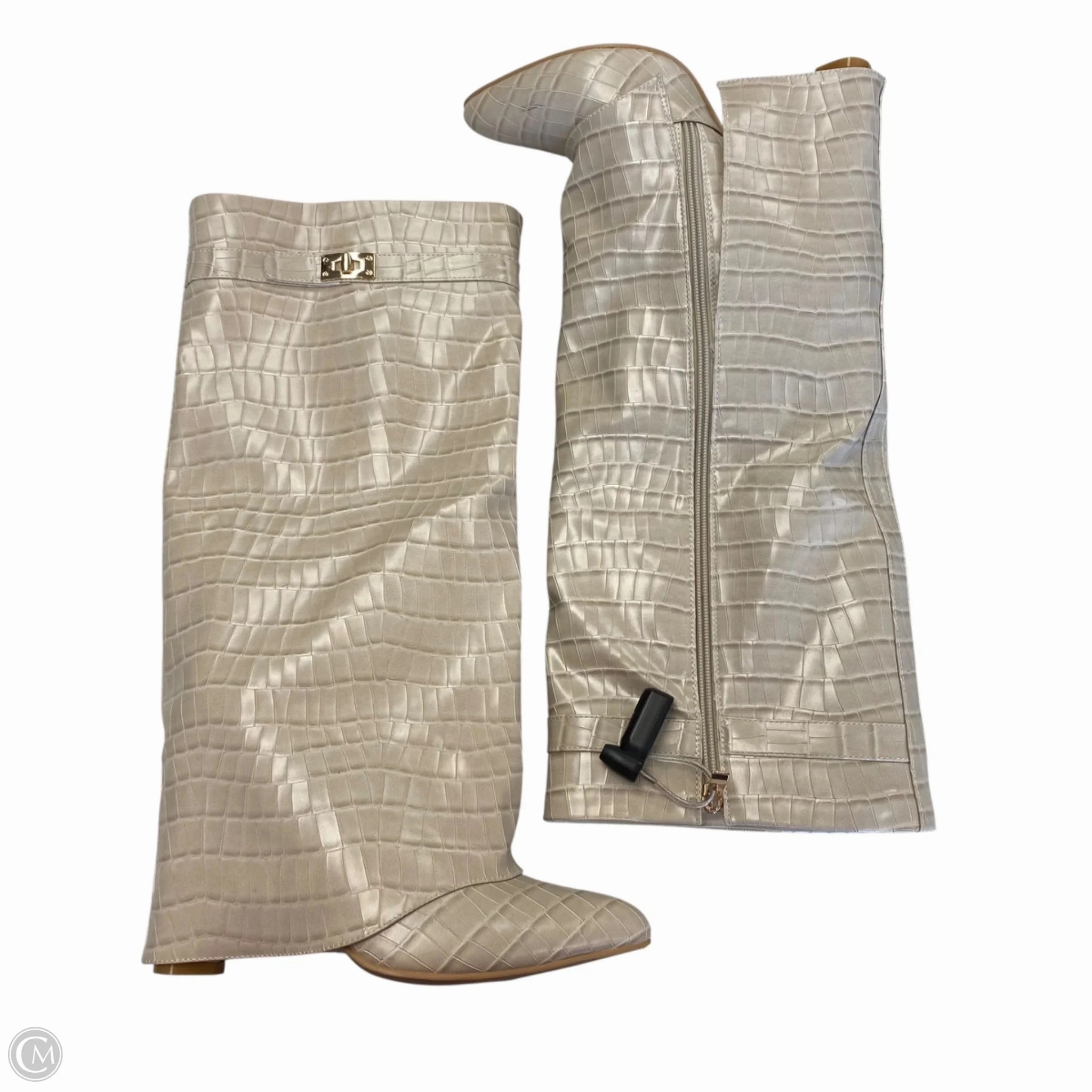 Boots Knee Heels By Fashion Nova In Tan, Size: 8 Zip Up Wedge Heel