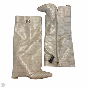 Boots Knee Heels By Fashion Nova In Tan, Size: 8 Zip Up Wedge Heel