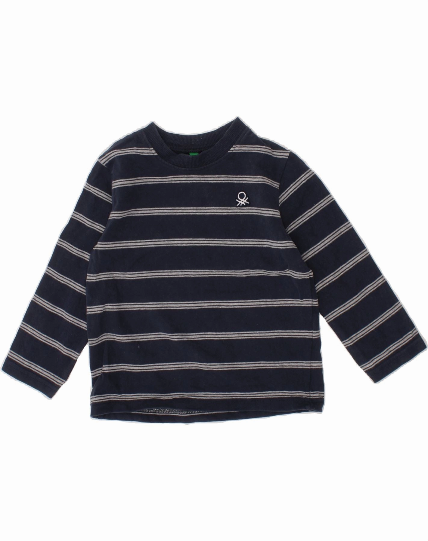 Fashion-Forward Sustainable Weave BENETTON Baby Boys Top Long Sleeve 18-24 Months Navy Blue Striped Cotton