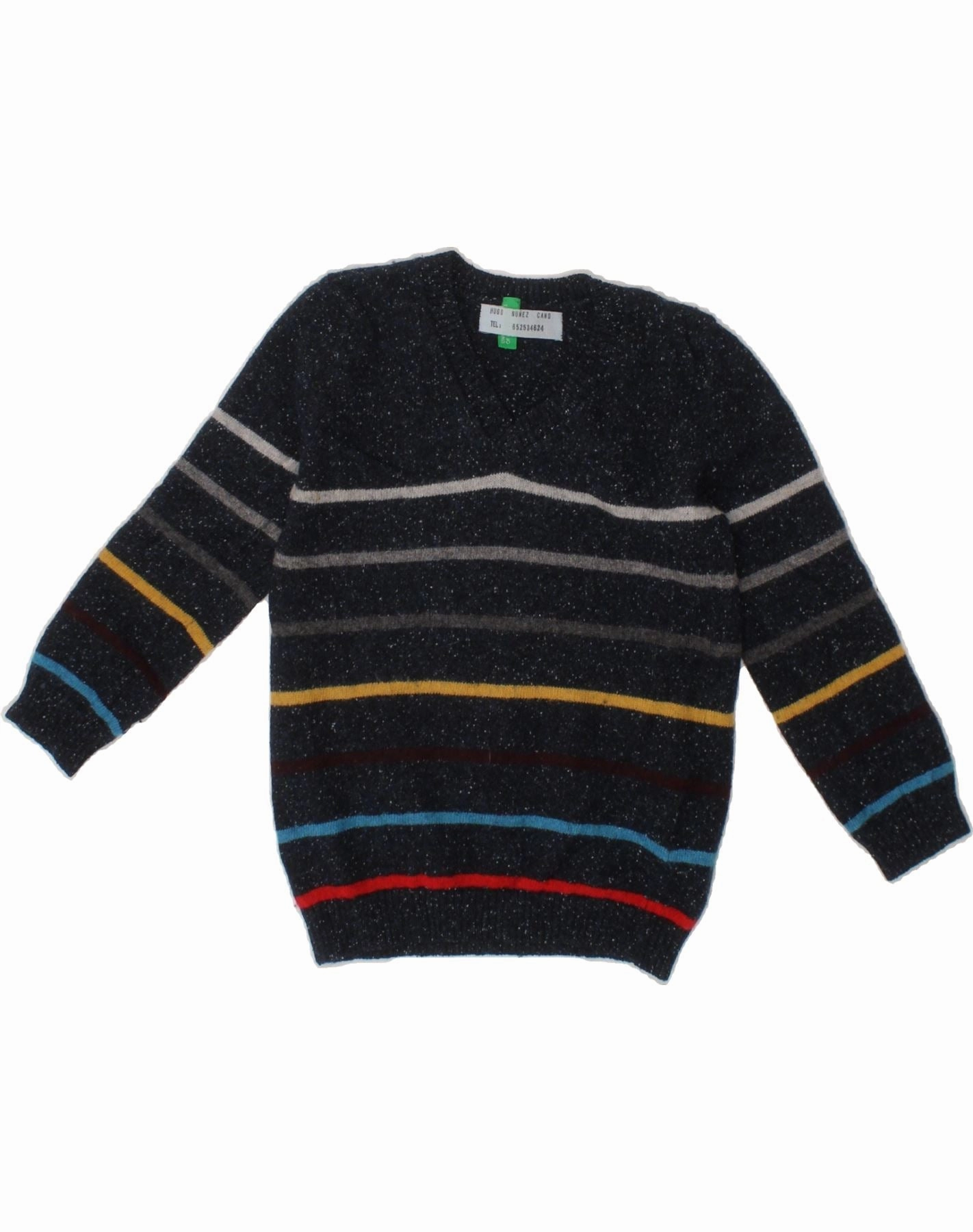 Interlock Knit Body Heat Retention Lining BENETTON Baby Boys V-Neck Jumper Sweater 18-24 Months Black Flecked