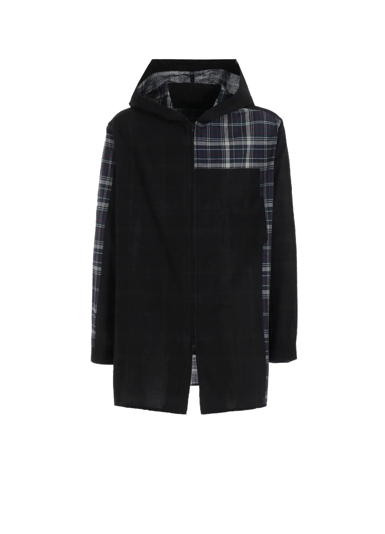 V-neck style MADRAS CHECK PIGMENT PRINT HOODED SHIRT