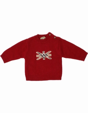 BURBERRY Baby Girls Graphic Crew Neck Jumper Sweater 6-9 Months Red Wool Unstructured Fit ZeroWaste Production