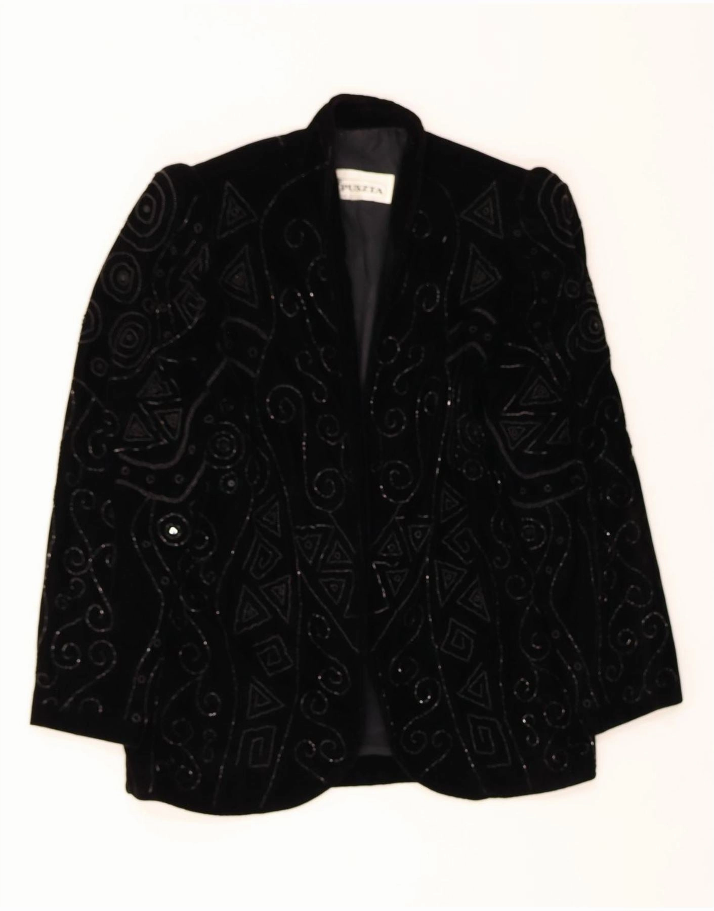 PUSZTA Womens Blazer Jacket EU 36 Small Black Geometric Polyester Dapper Look