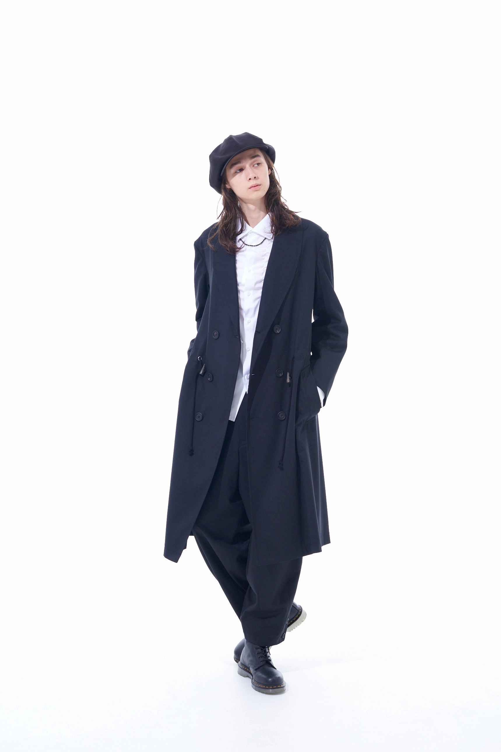 Detachable Layer Elasticized Waist T/W GABARDINE SHAWL COLLAR DOUBLE COAT