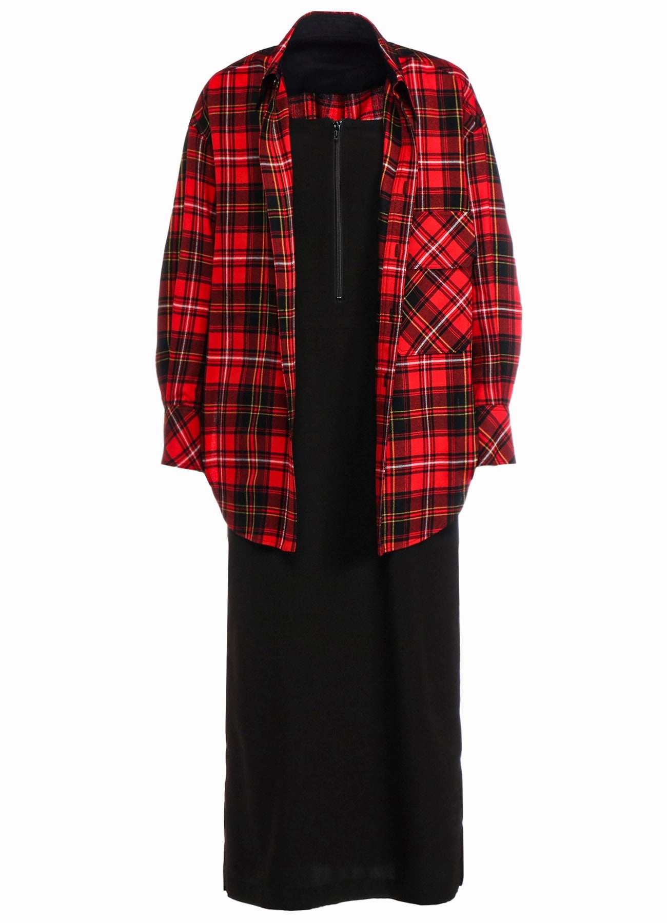 TARTAN CHECK DOUBLE LAYERED DRESS Front-Slit Daily Silhouette