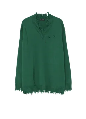 7G BULKY WOOL DAMAGE V NECK PULLOVER Simple Outfit Non Chlorine Bleach Safe