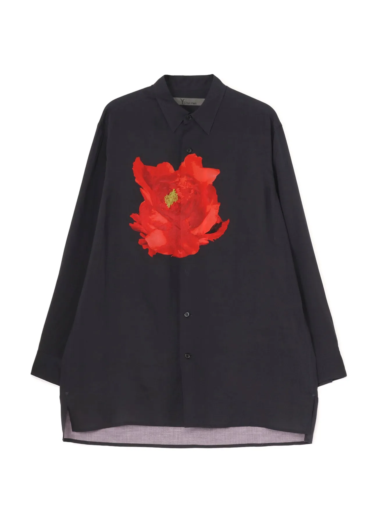 DEEP BLACK BIG SHIRT WITH LARGE RED FLOWER high-low hem Party Ready
