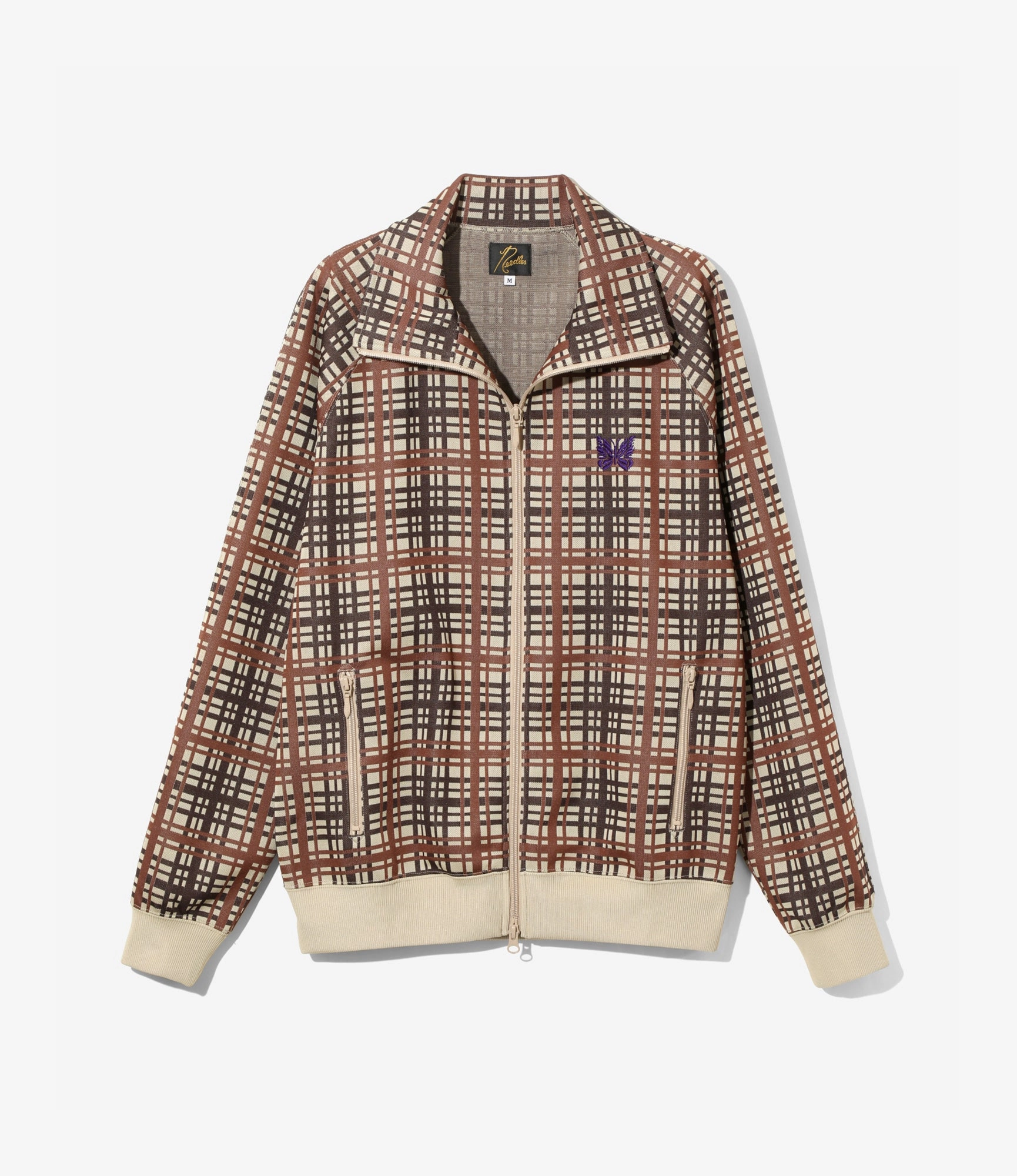 WaterResistant Shell Laser Cut Perforations Track Jacket ?C Taupe Plaid Jacquard