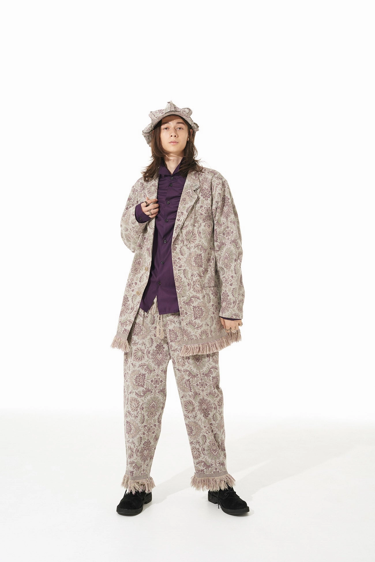 GOBELIN-STYLE JACQUARD SHIRT JACKET WITH FRINGE HEM DESIGN Mountain Hike Defend