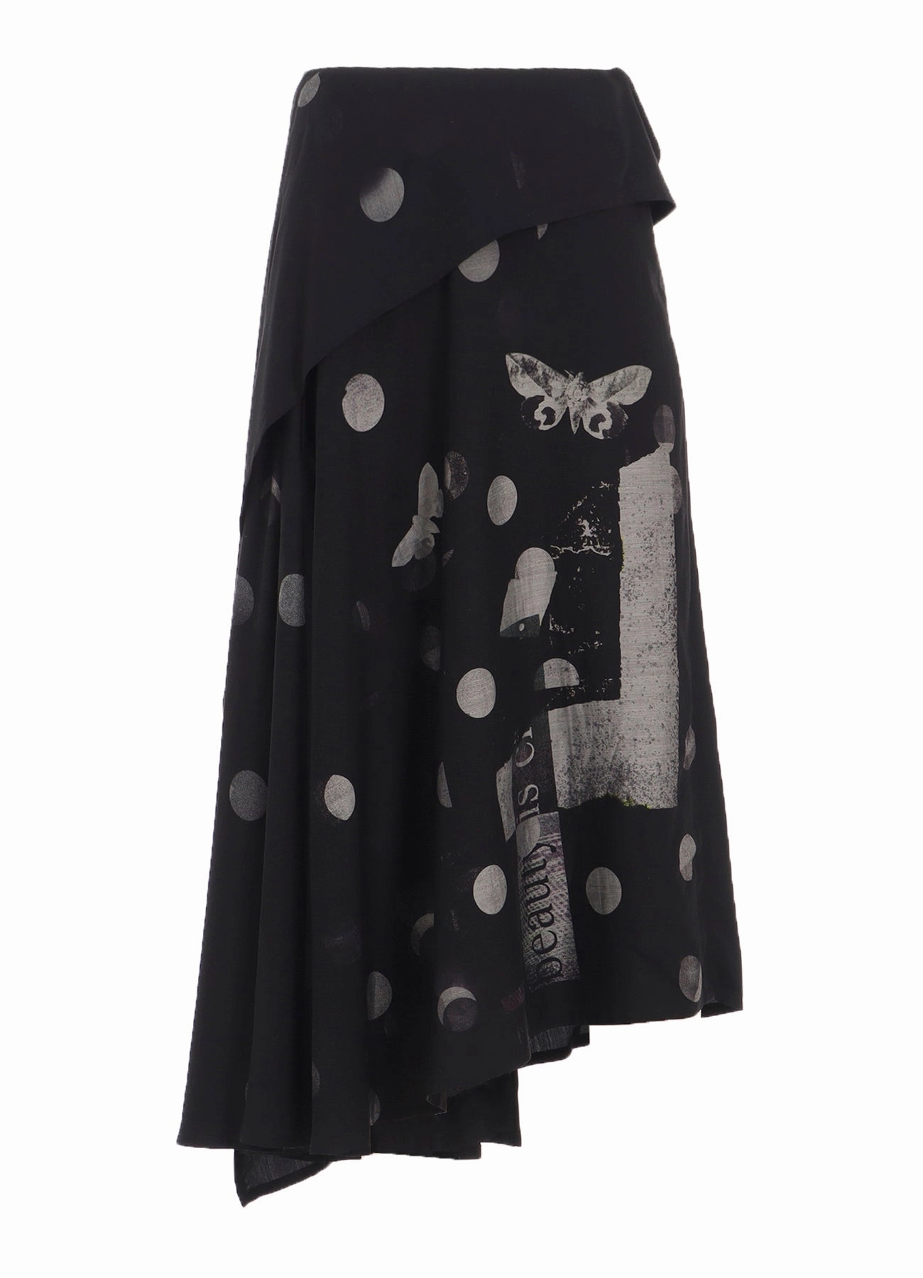 Soft Weave Glossy Fabric BUTTERFLY-PRINT DUNGAREE TWILL ASYMMETRIC LONG SKIRT